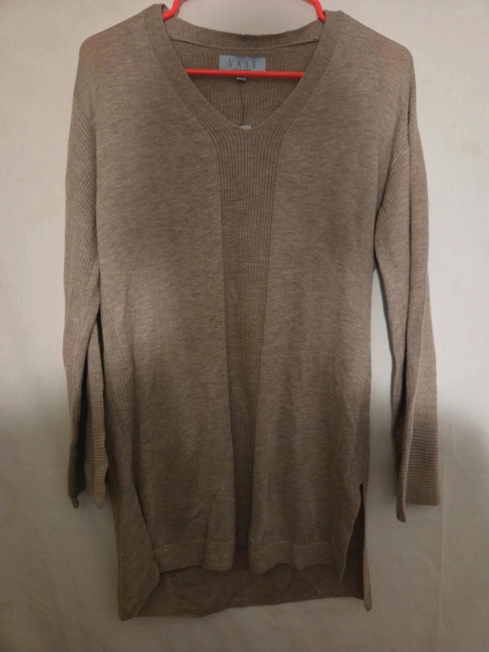 Joan Vass Taupe V-Neck Lightweight Sweater